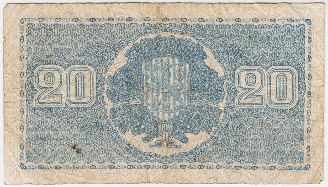 Финляндия 20 марок 1945 литера B подписи Raittinen и Aspelund