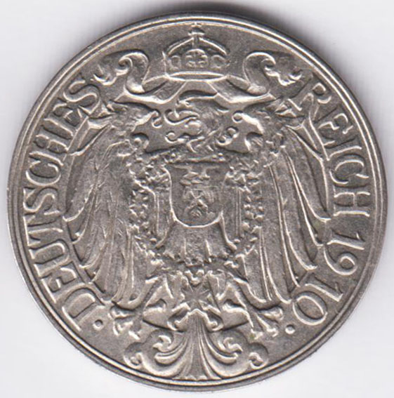 Германия 25 пфеннигов 1910 D