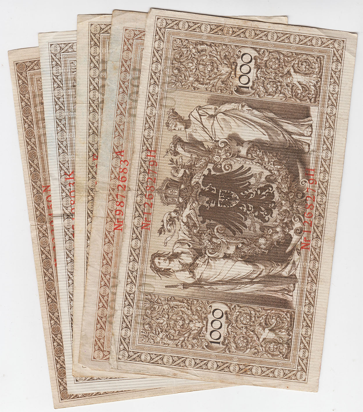 Германия 1000 марок 1910 красная печать 5 шт.